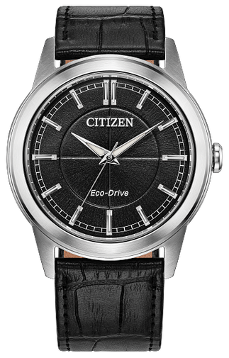 Citizen Men's Rolan Eco-Drive Black Dial Watch with Black Leather Strap