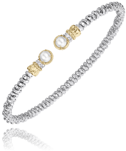 Vahan Sterling Silver and 14K Yellow Gold Diamond and Pearl Open Band Bracelet