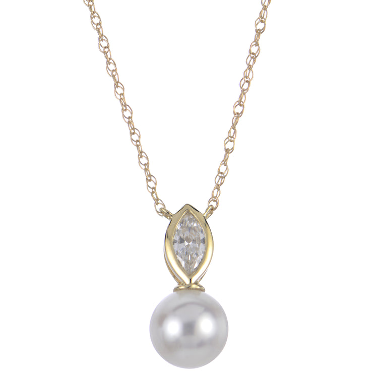 Imperial Pearl 14K Yellow Gold 0.15 CTW Lab Grown Marquise Diamond and Freshwater Pearl Necklace