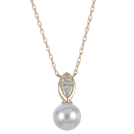 Imperial Pearl 14K Yellow Gold 0.15 CTW Lab Grown Marquise Diamond and Freshwater Pearl Necklace