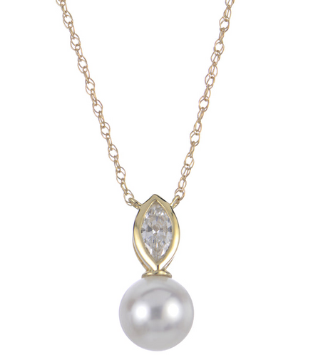 Imperial Pearl 14K Yellow Gold 0.15 CTW Lab Grown Marquise Diamond and Freshwater Pearl Necklace