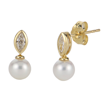 Imperial Pearl 14K Yellow Gold 0.22 CTW Lab Grown Marquise Diamond and Freshwater Pearl Earrings