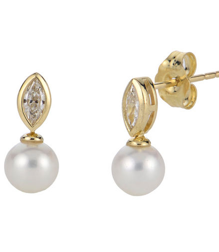 Imperial Pearl 14K Yellow Gold 0.22 CTW Lab Grown Marquise Diamond and Freshwater Pearl Earrings