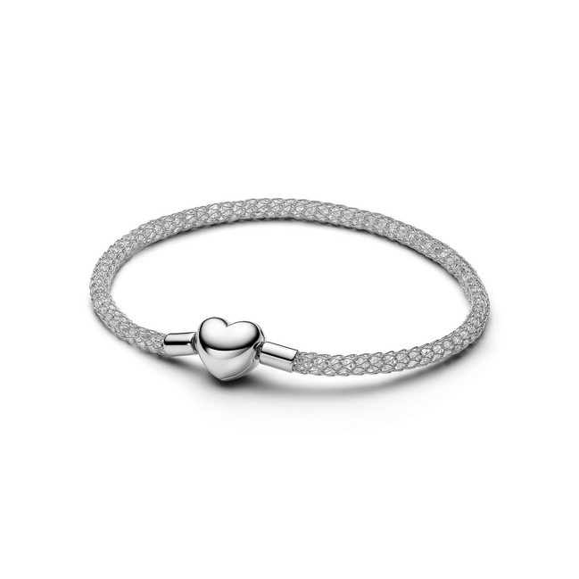 Pandora Moments Platinum-Plated Heart Clasp Sparkling Mesh Bracelet Size 19