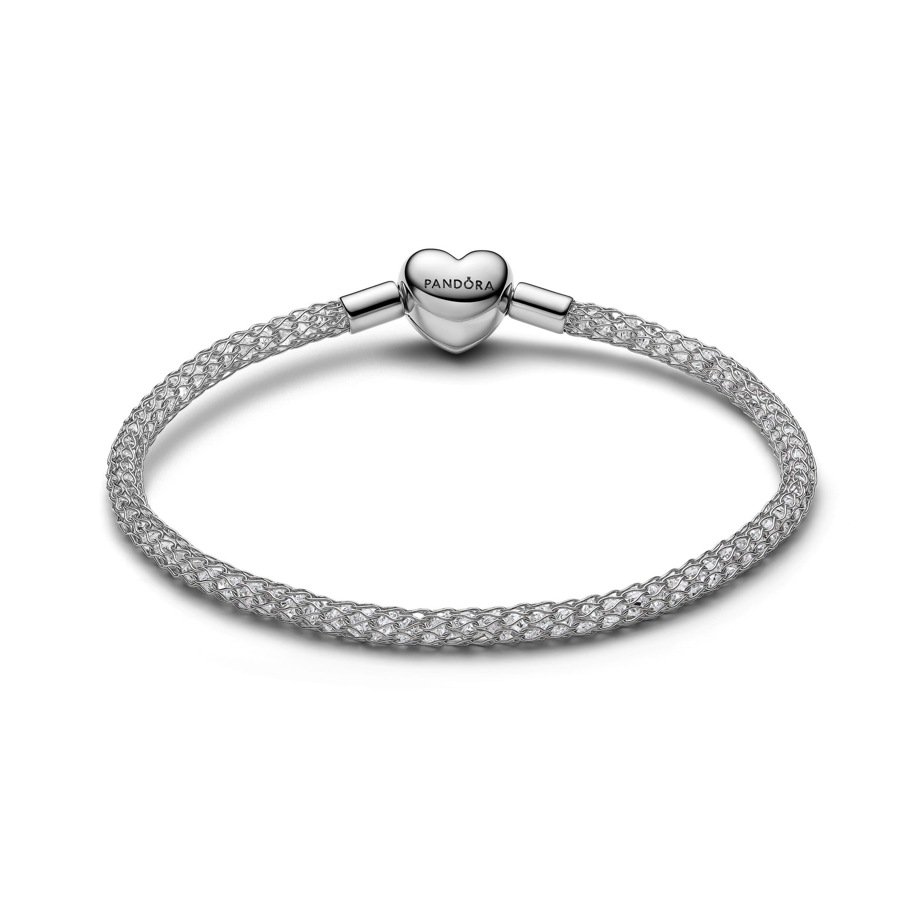 Pandora Moments Platinum-Plated Heart Clasp Sparkling Mesh Bracelet Size 19
