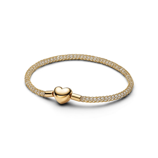 Pandora Moments 14K Gold-Plated Heart Clasp Sparkling Mesh Bracelet Size 17