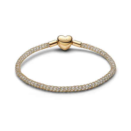 Pandora Moments 14K Gold-Plated Heart Clasp Sparkling Mesh Bracelet Size 17