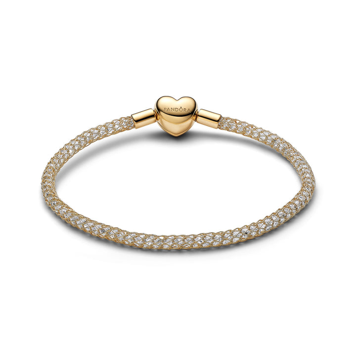 Pandora Moments 14K Gold-Plated Heart Clasp Sparkling Mesh Bracelet Size 17