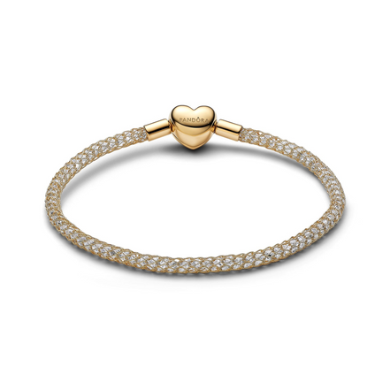 Pandora Moments 14K Gold-Plated Heart Clasp Sparkling Mesh Bracelet Size 18