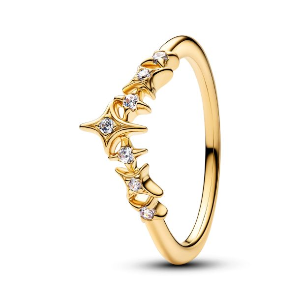 Pandora Timeless 14K Gold-Plated Sparkling Tiara Stars Ring Size 7.5
