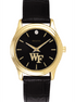 Bulova Ladies Wake Forest Gold Tone "WF" Black Dial Watch With Black Leather Strap