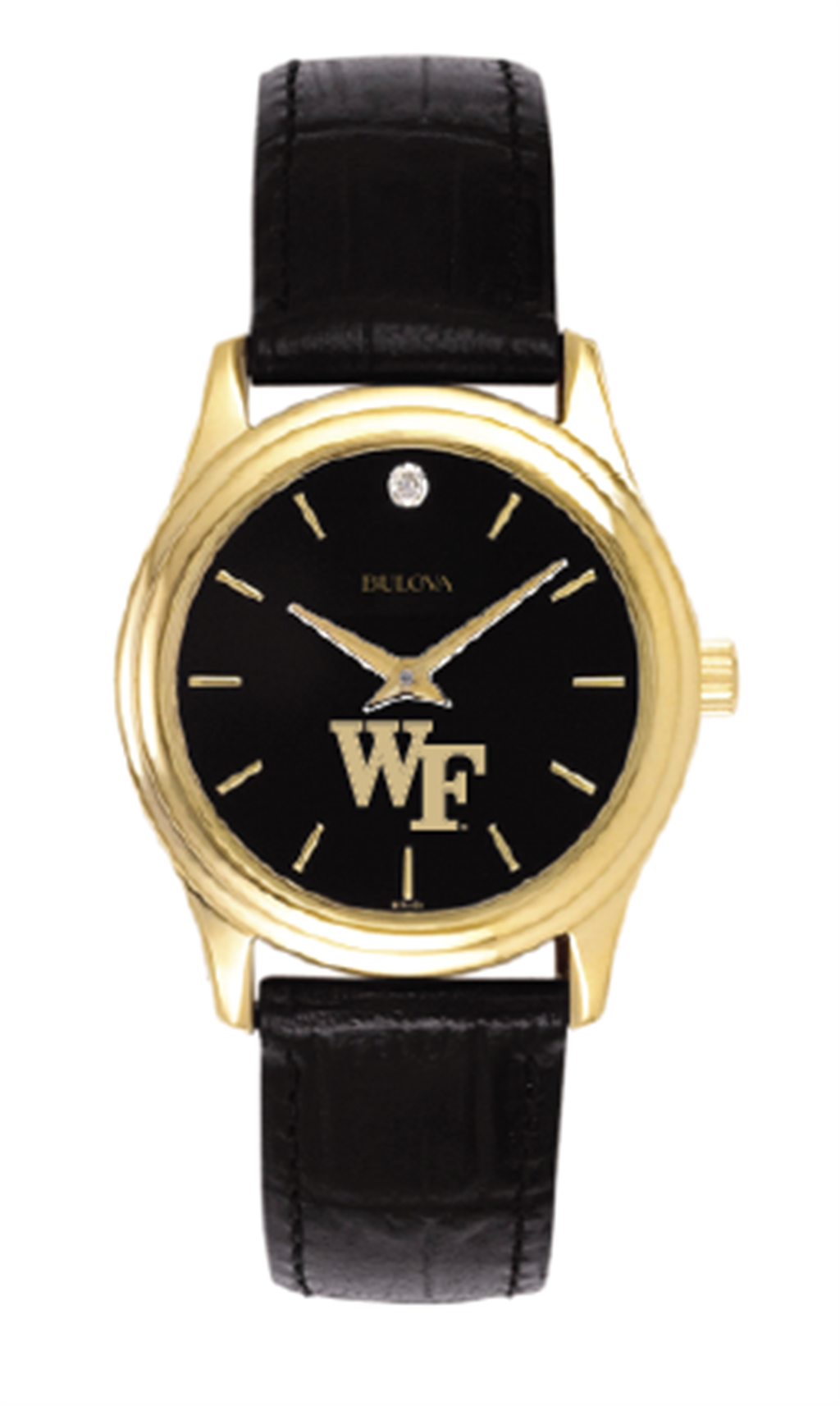 Bulova Ladies Wake Forest Gold Tone "WF" Black Dial Watch With Black Leather Strap