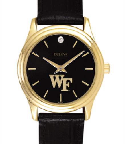Bulova Ladies Wake Forest Gold Tone "WF" Black Dial Watch With Black Leather Strap