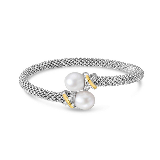 Phillip Gavriel Silver And 18K Gold Freshwater Pearl Popcorn Bypass X Bangle Bracelet