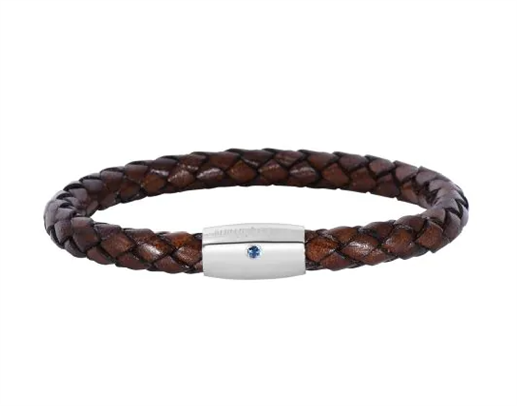 Woven Brown Cow Leather Bracelet With Sapphire And Sterling Silver Barrel Clasp 8"
