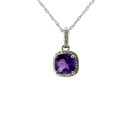 Ladies 14K White Gold Ameethyst And Diamond Necklace