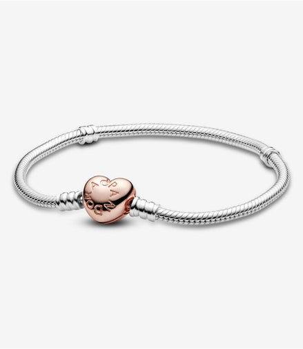 Pandora Monments Rose Heart Clasp Snake Chain Bracelet Size 23