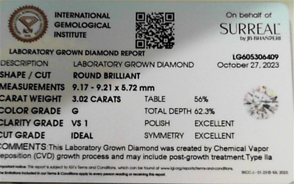 3.02 Ctw Lab Grown Brilliant Cut Diamond G Vs1