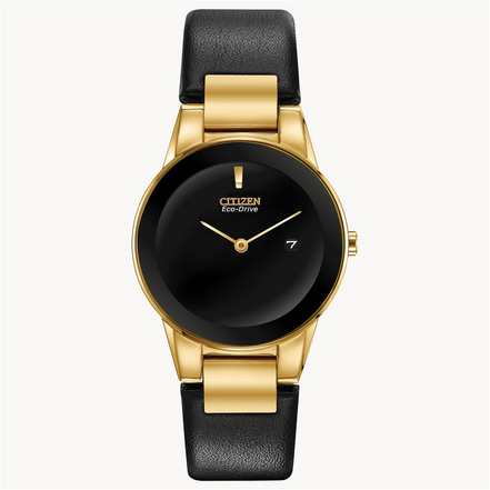Citizen Ladies'  Eco-Drive Axiom Gold-Tone Black Leather Strap Watch