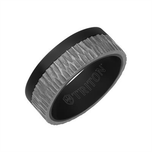 Triton 8mm Black Tantalum Ring  Brushed Grey Asymmetrical Inlay and Flat Edge SIZE 10