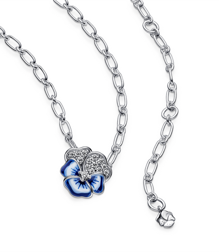 Pandora Moments Blue Pansy Flower Pendant Necklace 50 cm