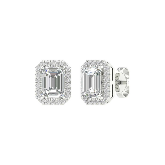 Revelation 14K Gold Lab Grown Emerald Shaped Halo Diamond Earrings