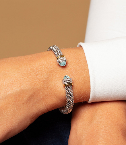Phillip Gavriel Silver And 18K Gold  Blue Topaz Popcorn Renaissance Open Cuff Bangle Bracelet