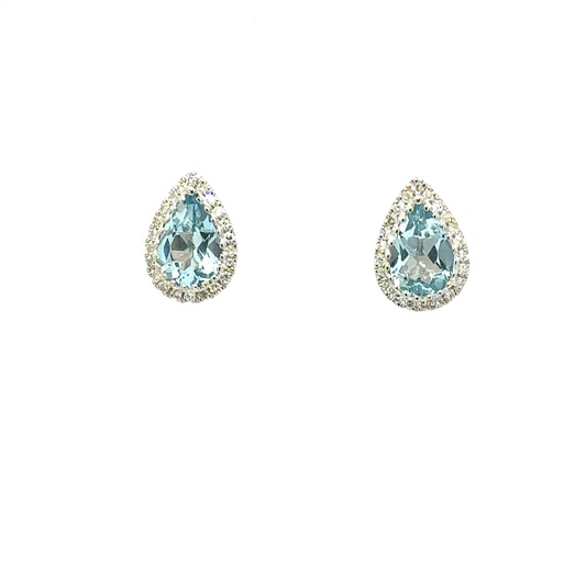 14K White Gold Diamond And Aquamarine Pear Shaped Halo Earrings
