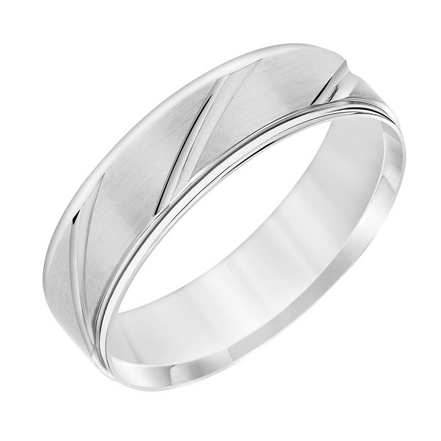 Men's 14k White Gold Engraved Diagonal Cut Wedding Band