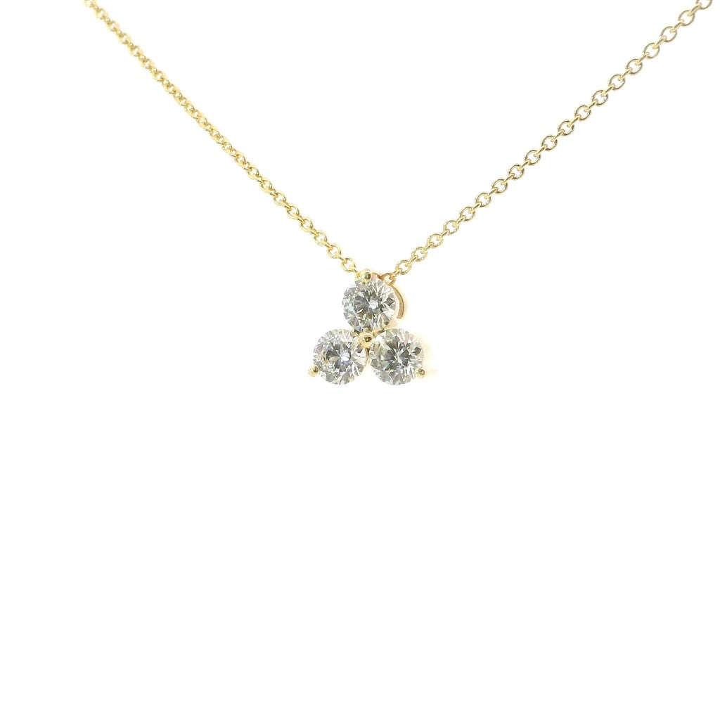 14K Yellow Gold 1 CT Diamond Three Stone Cluster Pendant Necklace