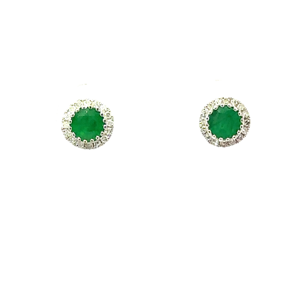 14K White Gold Diamond And Emerald Round Halo Earrings