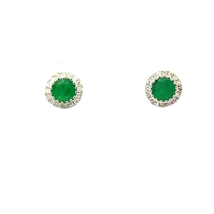 14K White Gold Diamond And Emerald Round Halo Earrings