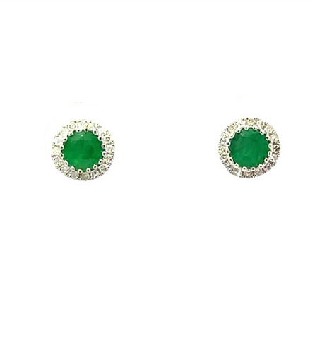 14K White Gold Diamond And Emerald Round Halo Earrings