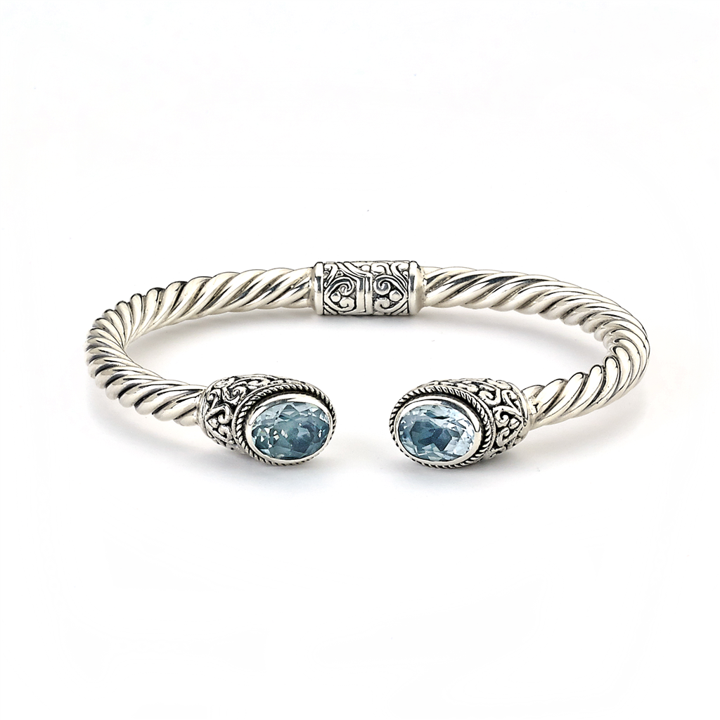 Samuel B Sterling Silver Oval Blue Topaz Twisted Bangle Bracelet