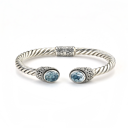 Samuel B Sterling Silver Oval Blue Topaz Twisted Bangle Bracelet