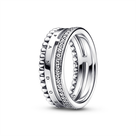 Pandora Signature Logo Pavé & Beads Ring Size 8.5