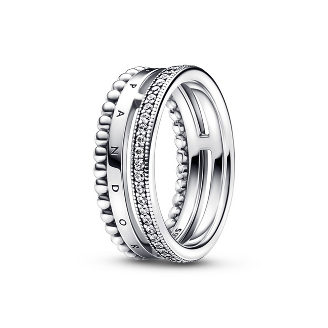 Pandora Signature Logo Pavé & Beads Ring Size 8.5
