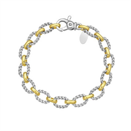 Sterling Silver And 18K Yellow Gold Alternating Oval Link Italian Cable Chain Bracelet 7.25"