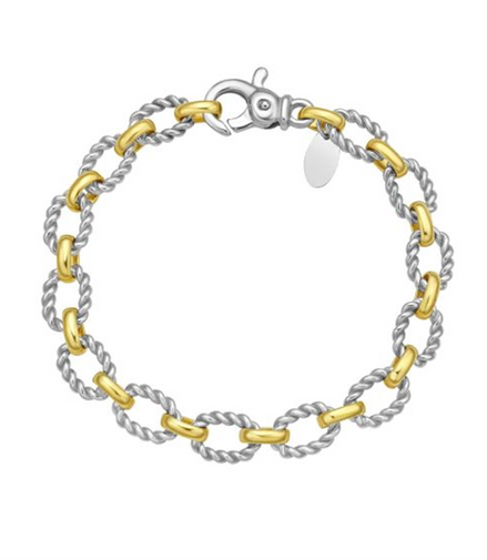Sterling Silver And 18K Yellow Gold Alternating Oval Link Italian Cable Chain Bracelet 7.25"