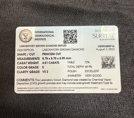 4.01 ctw Princess Lab Grown Diamond