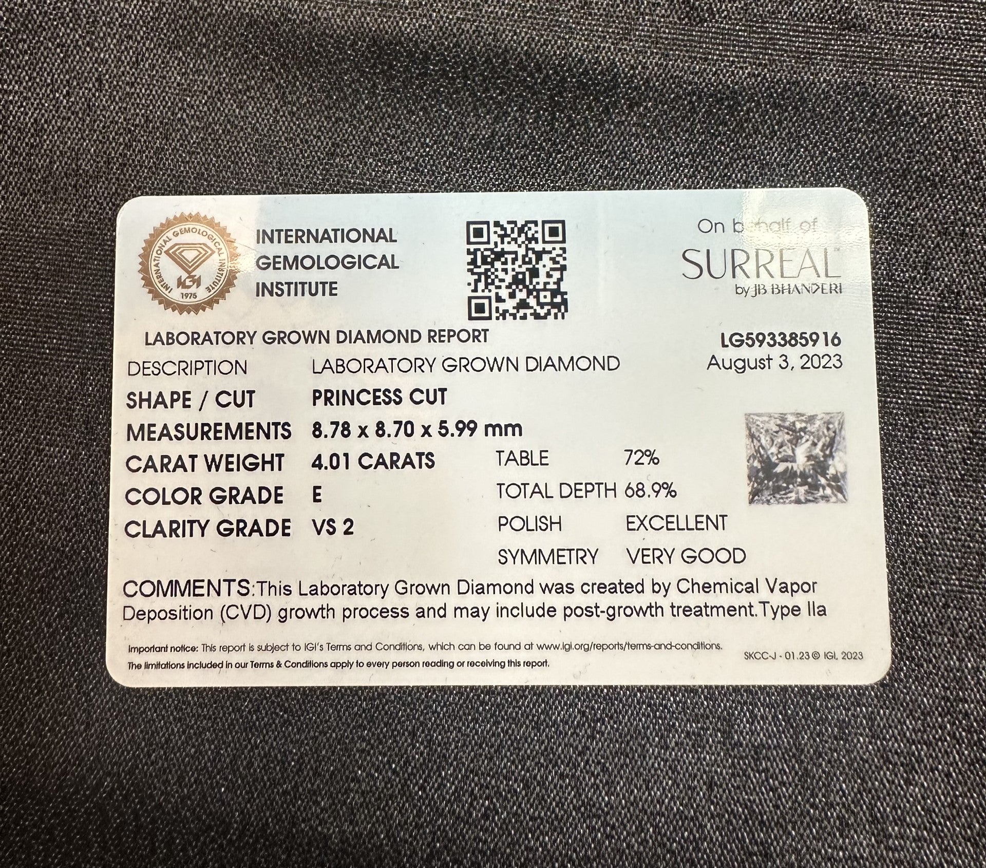 4.01 ctw Princess Lab Grown Diamond