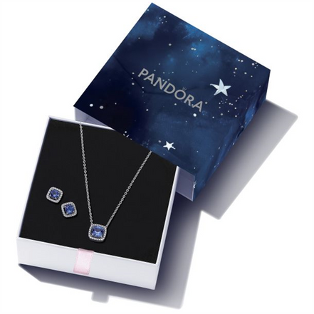 Pandora Sparkling Square Blue Halo Jewelry Gift Set