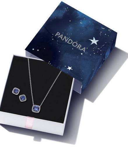 Pandora Sparkling Square Blue Halo Jewelry Gift Set