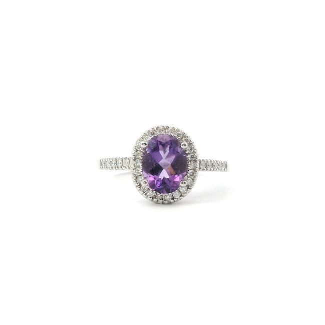 14K White Gold Diamond And Amethyst Oval Halo Fashion Ring