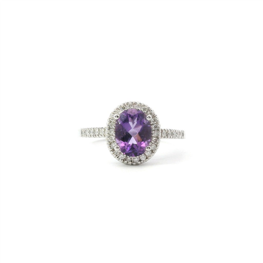14K White Gold Diamond And Amethyst Oval Halo Fashion Ring