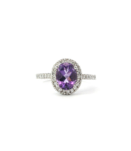 14K White Gold Diamond And Amethyst Oval Halo Fashion Ring