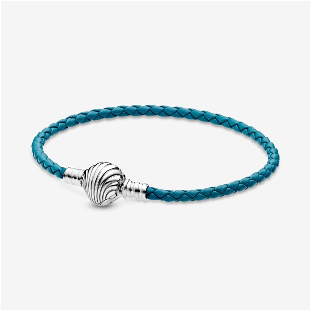 Pandora Moments Seashell Clasp Turquoise Braided Leather Bracelet Size 3