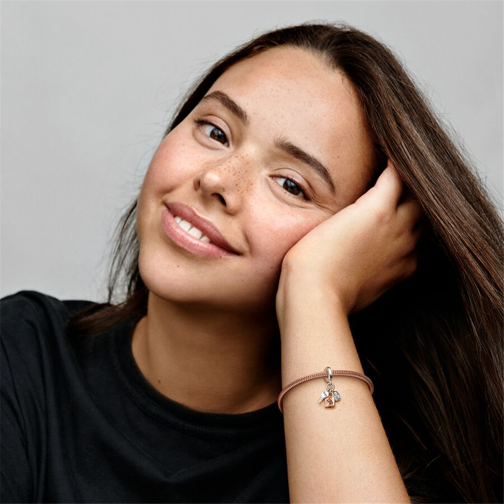 Pandora Moments Two-Tone Key, Padlock & Heart Triple Dangle Charm