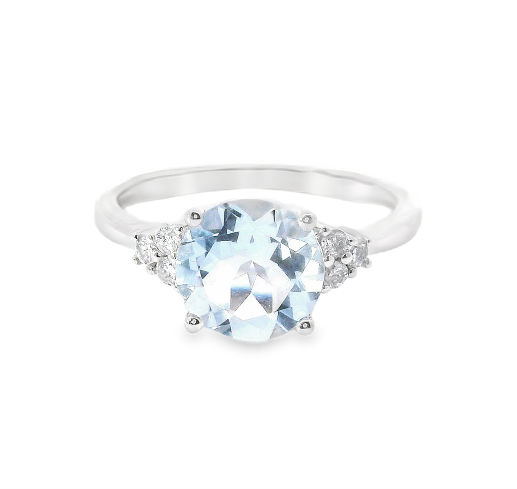 14K White Gold Diamond And Aquamarine Fashion Ring