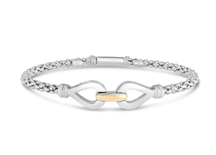 Sterling Silver And 18K Yellow Gold 3MM Popcorn Double Hook Infinity Bangle Bracelet 7.25"